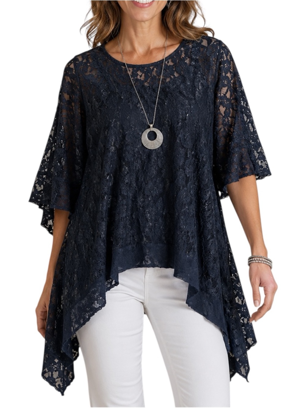 Lucky & Blessed L&B Black Lace Sharkbite Hem Boho Tunic Top Sheer Overlay XL